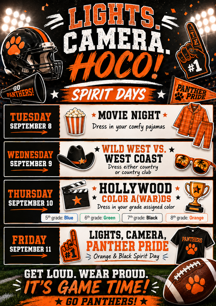 spirit days monday 9/8 pajama day 9/9 wild west vs west coast 9/10 grade color war 5th grade blue 6th grade green 7th grade black 8th grade orange 9/11 spirit day wear orange and black