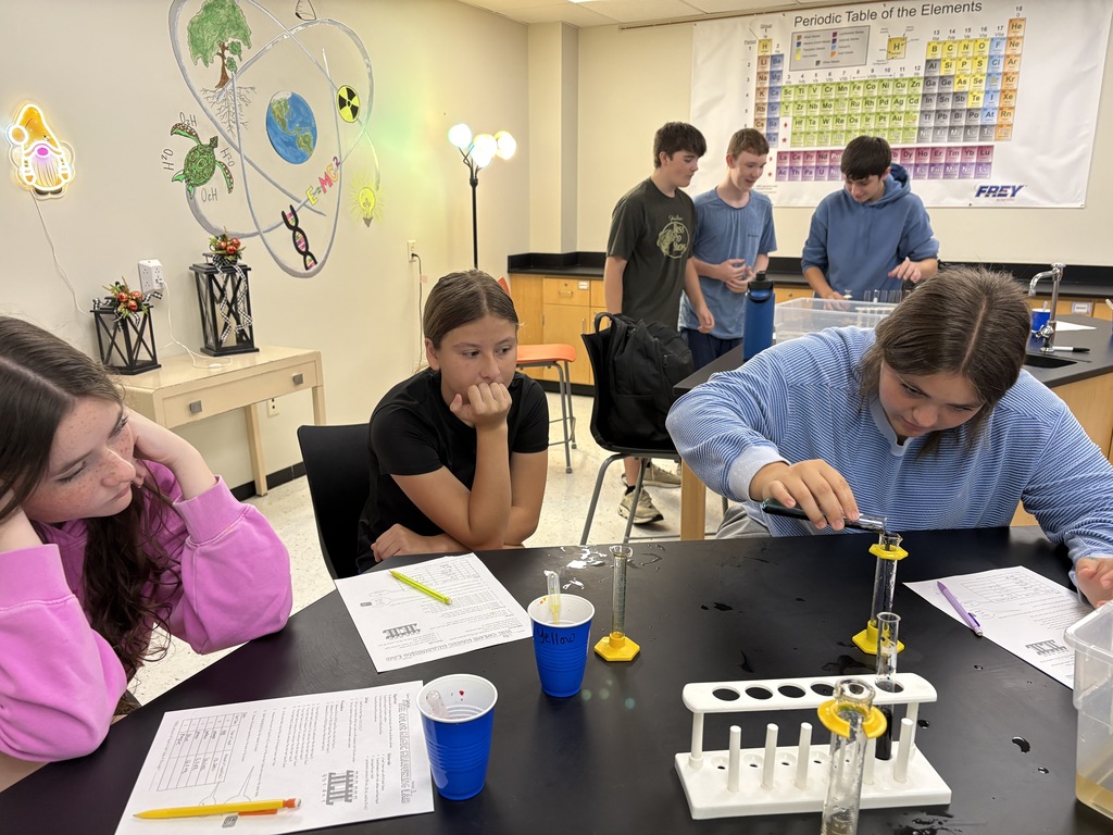 students measuring colored liquid into test tubes