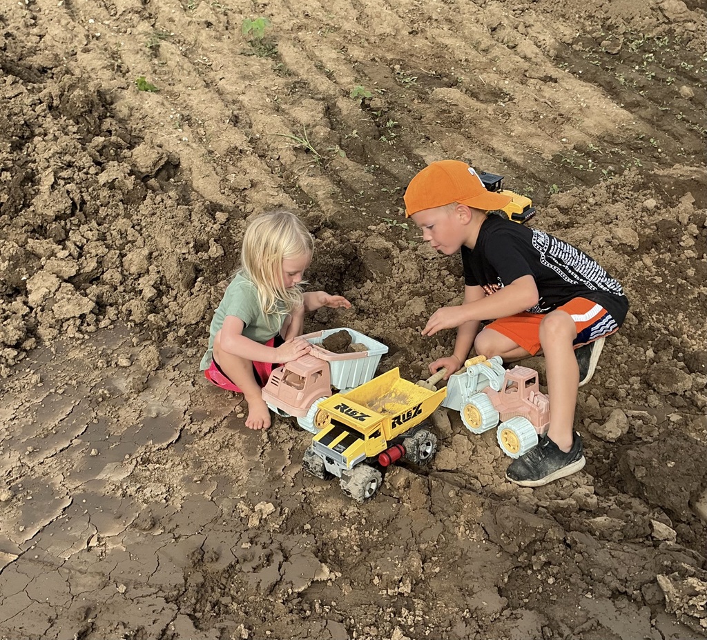 young children playing in dirt with shovels and trucks