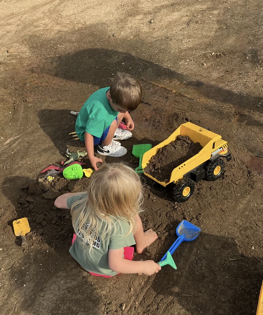young children playing in dirt with shovels and trucks