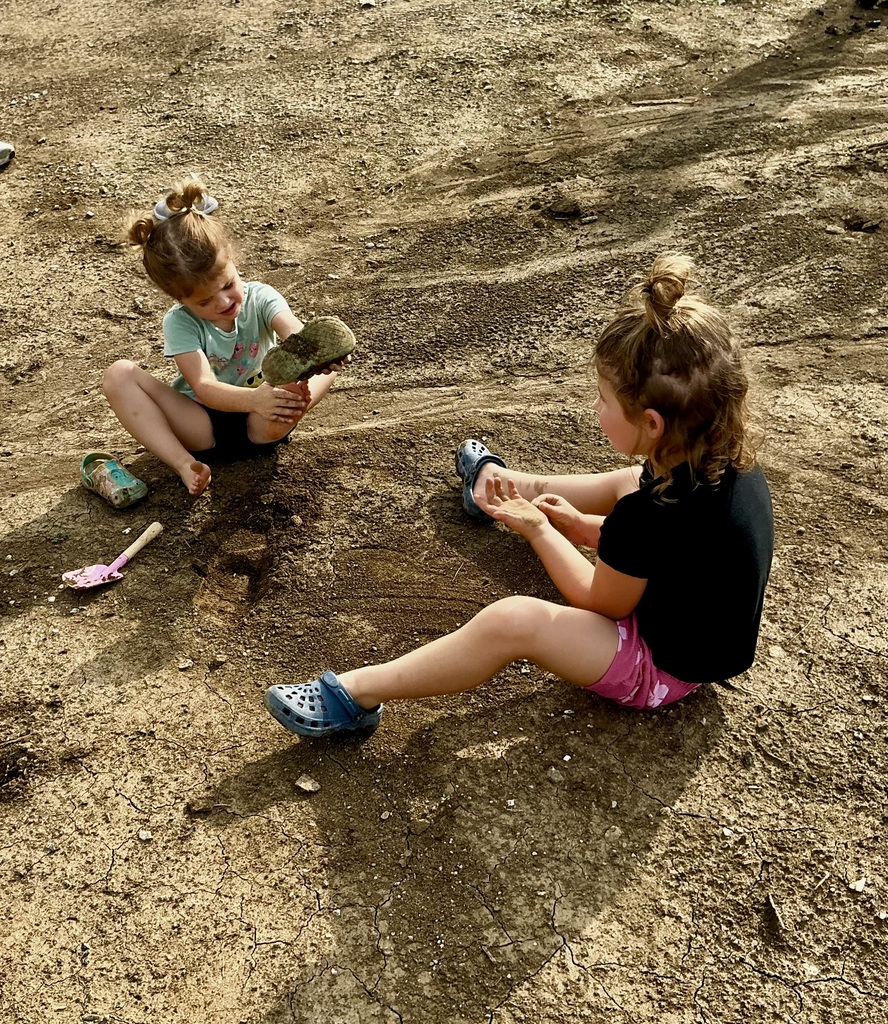 young children playing in dirt with shovels 