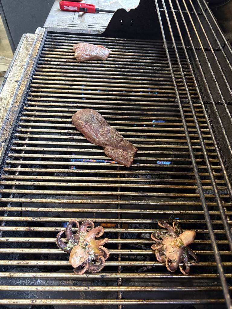 elk, bison, and octopus on grill