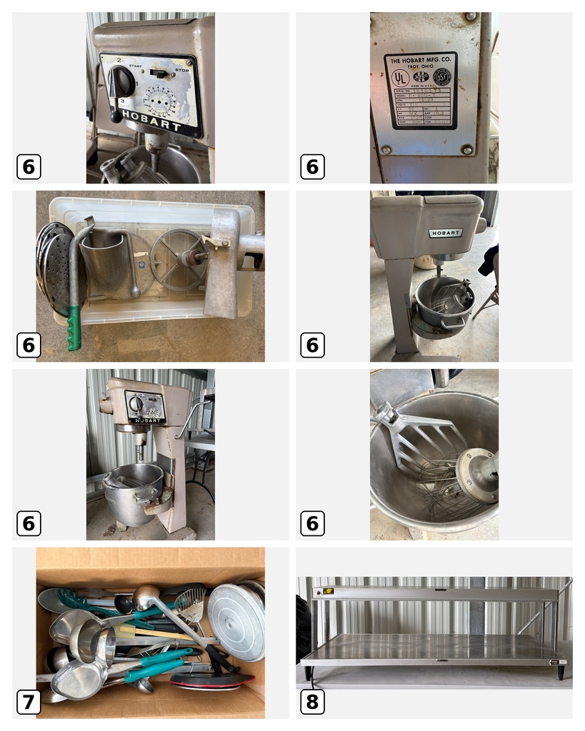 6 7 8 Hobart mixer and utensils