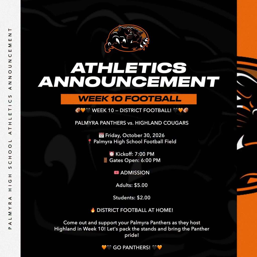 Athletics - Week 10 football District game Friday, October 30 at 7 pm