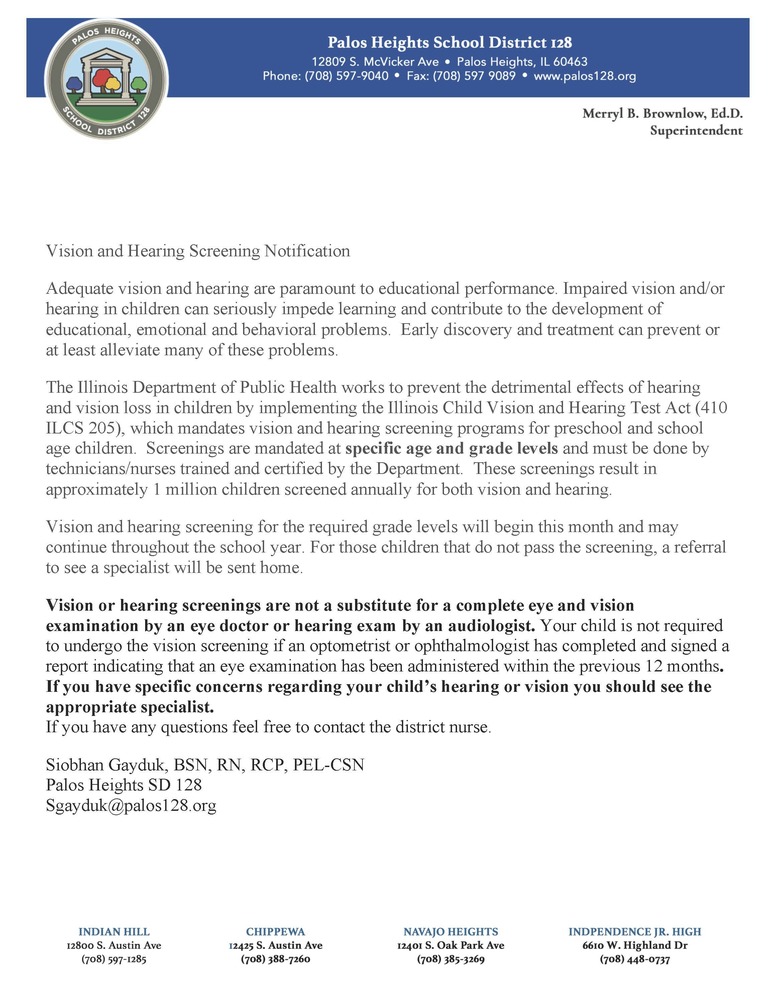 Vision and Hearing Screening Notification