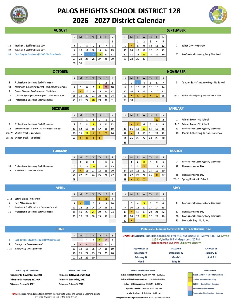 2026 - 2027 Palos Heights School District 128 Calendar