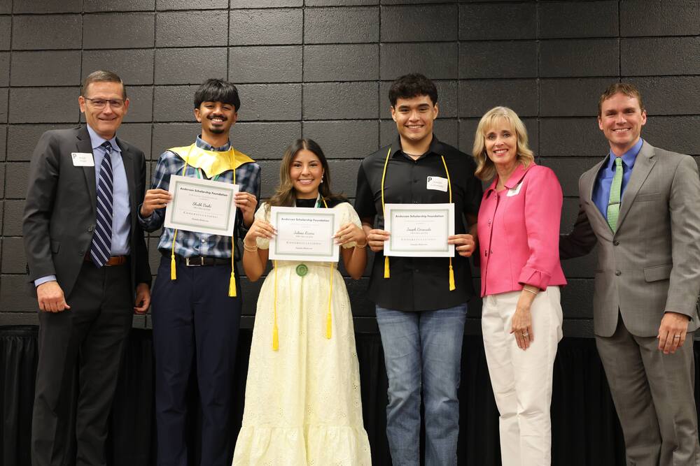 Anderson Scholarship winners-Shubh Doshi, Julissa Rivera, and Joseph Coronado with Superintendent Hugh Piatt and Dr. Abigayle Barton and PHS principal Clay Jones