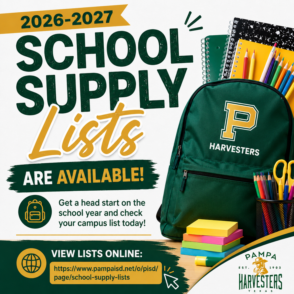 Advertisement for Pampa Harvesters school supply lists for 2026-2027. It shows a backpack, notebooks, pencils, and a website link.