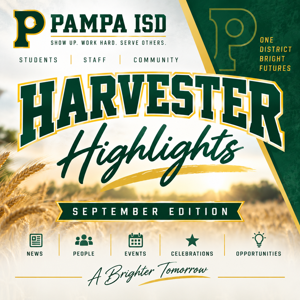 An advertisement for Harvester Highlights September Edition. A field of wheat and yellow sun. Text reads "Show up. Work hard. Serve others."