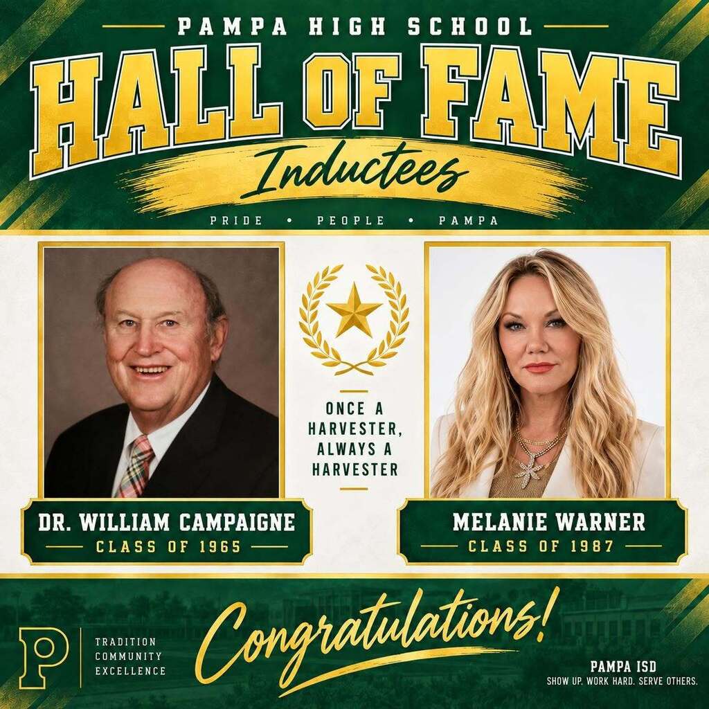 Green banner with white text reads "Pampa High School Hall of Fame Inductees". It features two photos: man in suit and woman in white, both smiling.