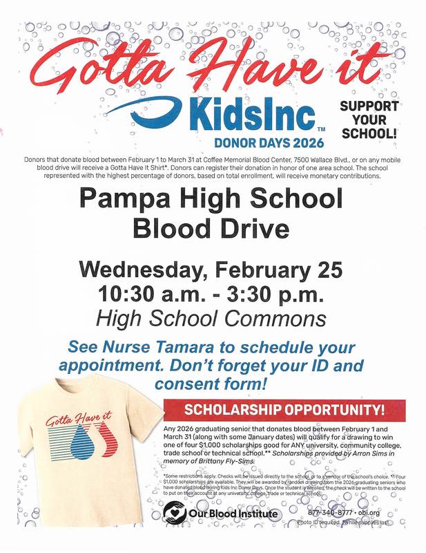 Blood drive information for Wednesday February 25th from 10:30-3:30 in the PHS Commons.