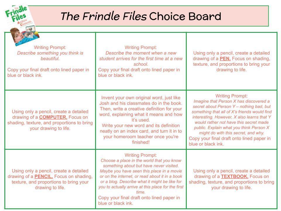 The Frindle Files Choice Board