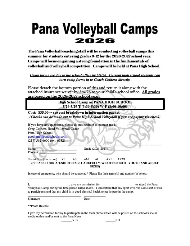 Required paperwork for volleyball camp.