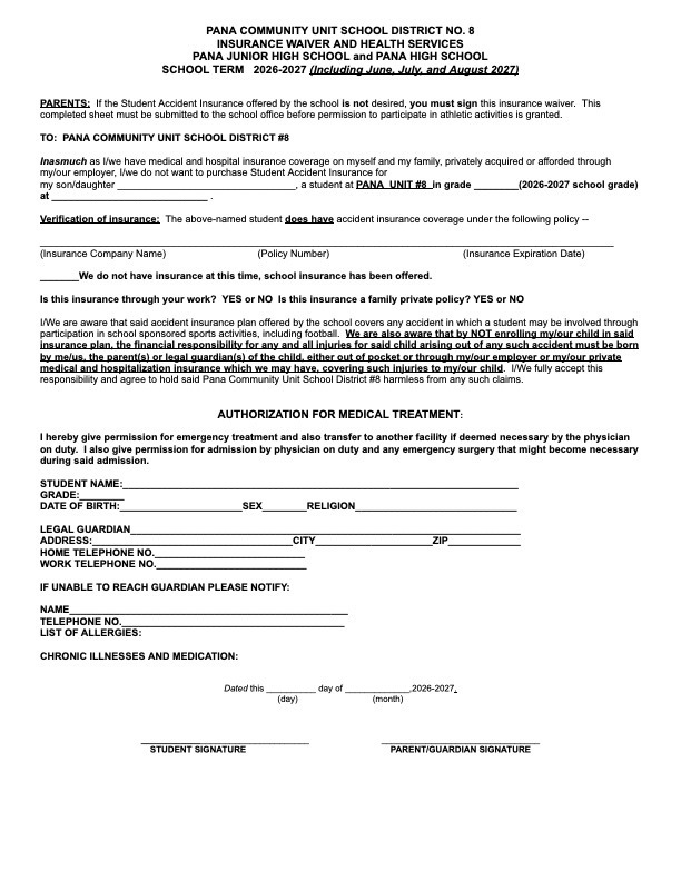 Required paperwork for volleyball camp.