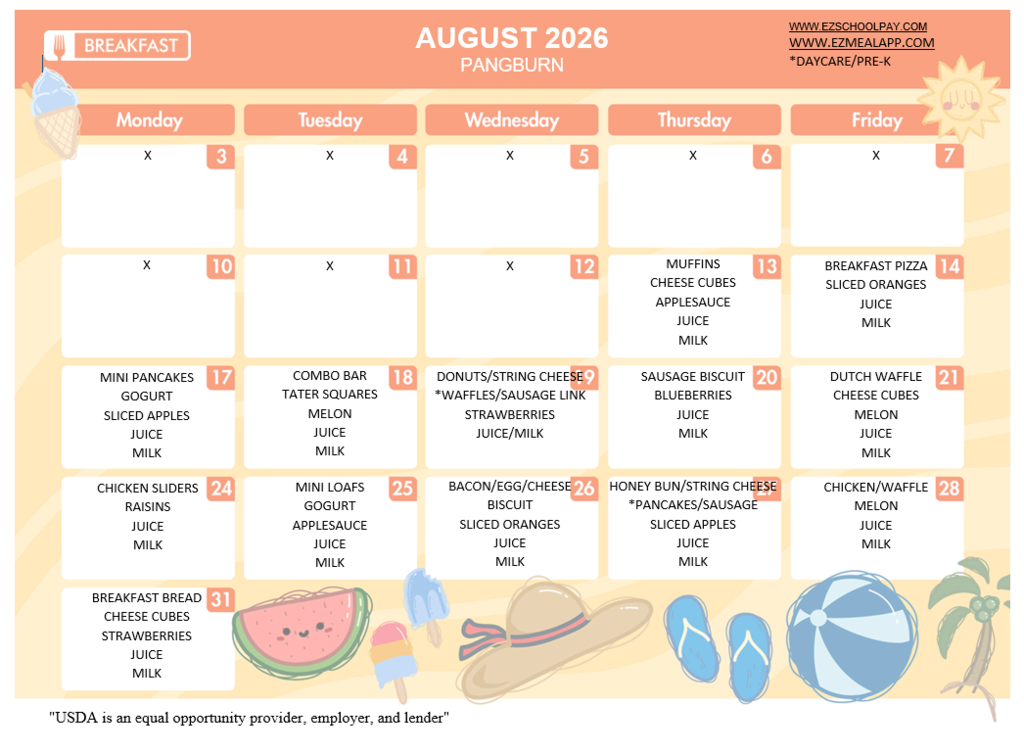 August Breakfast menu
