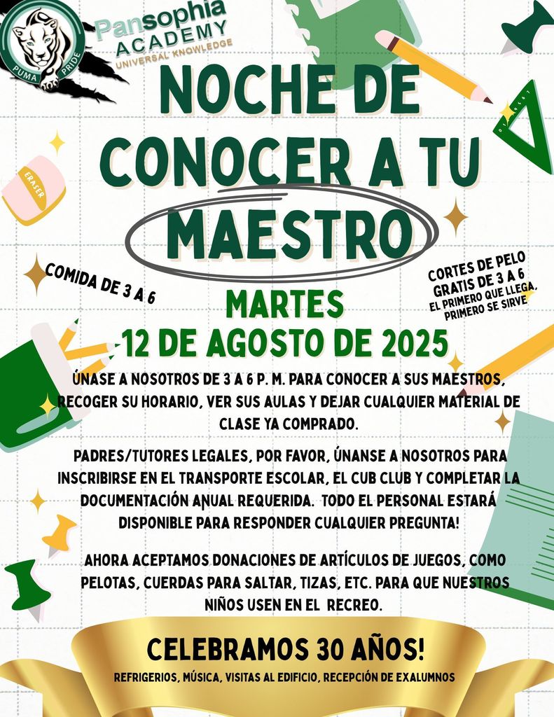 (Spanish) Meet Your Teacher Night 3-6 PM on Tuesday August 12th.