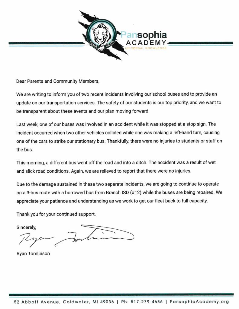 Letter from Principal Ryan Tomlinson