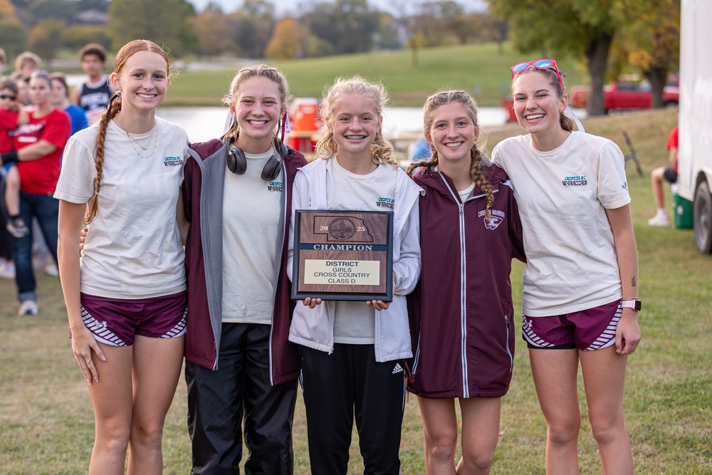 Crofton’s District winning cross country team (l to r): Hudsyn Stout, Sophia Wortmann, Avery Arens, Cecilia Wortmann, and Claire Marsh.