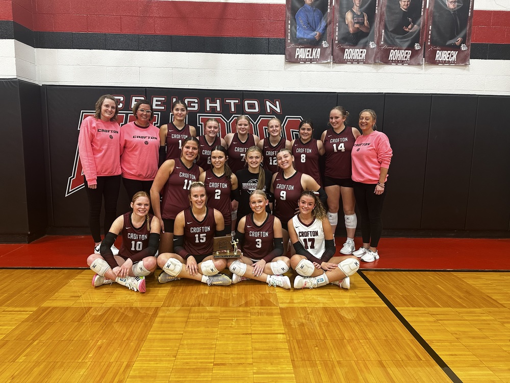 The girls cross country team celebrates their first place victory again: Bethany Arens, Emily Guenther Brooklyn Guenther, Ella Reifenrath, Morgan Stevens, Keisha Strunk, Hudsyn Stout, Sophia Wortmann, Avery Arens, Claire Marsh Cecelia Wortmann, Lauren loecker, Madelyn Bushkamp, Pamela Dennis
