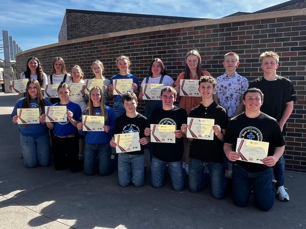 Seventh and eighth-grade students participating at the District Contest included (back row) Payge Goeken, Charlee Wiebelhaus, Hadley Kuchta, Ella Pokorny, Emma Arens, Layla Foxhoven, Zoey Wieseler, Wil Kleinschmit, Harrison Poppe, (front row) Alexis DeRoos, Grace Morrison, Meredith Wortmann, Leo Reifenrath, Ethan Buschkamp, Logan Guenther, Jake Jackson