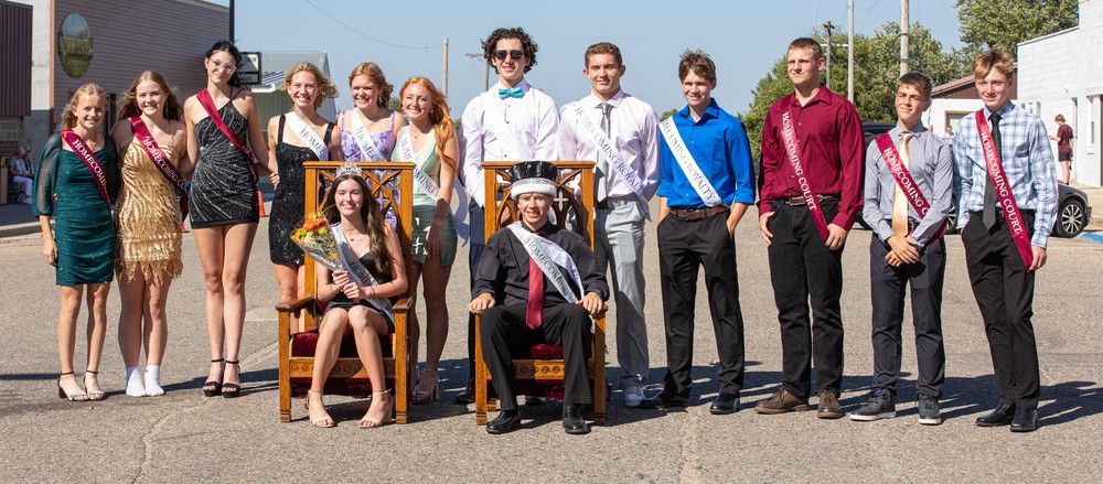 Crofton Homecoming court 2025, Class Attendants freshman Avery Arens, sophomore Brynn Hansen, and junior Sierra Tomsu. Senior Royalty Sophia Wortmann, Addyson Ostermeyer, and Pamela Dennis - Jackson Lynde, Jace Panning, and Darin Babcock. Class Attendants junior Riley Crosley, sophomore Fred Dennis, and freshman Breckin Jansen. Seated Queen Lillian Earley and King Carter Steffen.