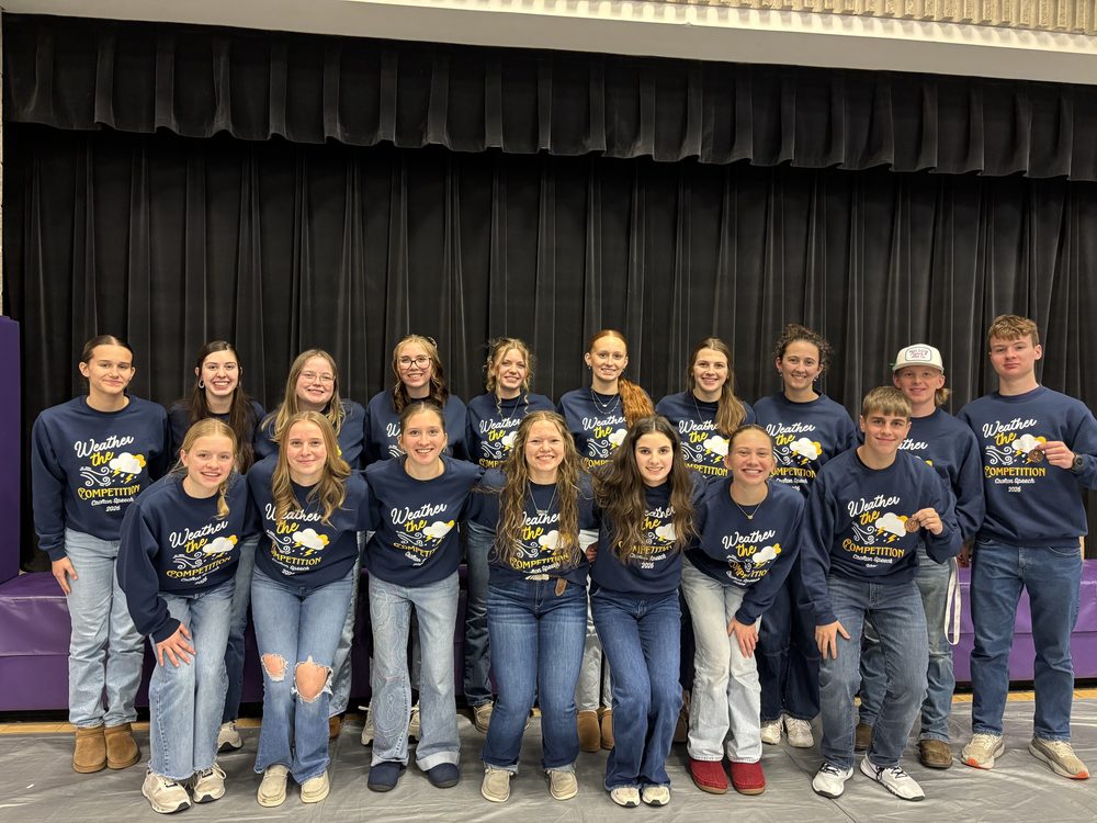 Crofton’s 2026 speech team back row: Collyns Stout, Natalee Steffen, Kajia Hess, Katie Neuharth, Aven Hanson, Hudsyn Stout, Brooklyn Guenther, Emily Guenther, Corbin Bernt, Kaden Arens Front Row: Avery Arens, Alexa Suing Cecilia Wortmann, Emma Birger, Ashlyn Loecker, Sophia Wortmann, Fred Dennis