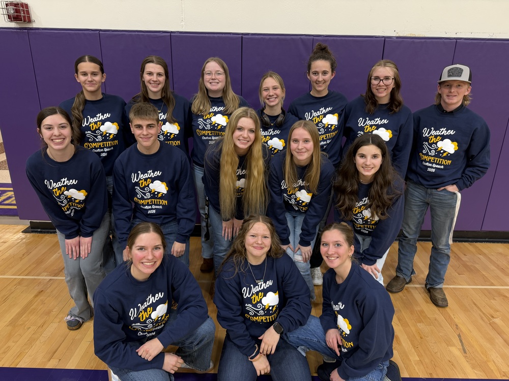 Back row: Collyns Stout, Brooklyn Guenther, Kaija Hess, Sophia Wortmann, Emily Guenther, Katie Neuharth, and Corbin Bernt. Middle row: Natalee Steffen, Fred Dennis, Aven Hanson, Alexa Suing, and Ashlyn Loecker. Front row: Claire Marsh, Emma Bieber, and Cecilia Wortmann.