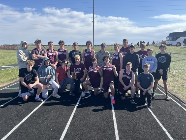 The Crofton Boys Track & Field Team with their Knox County Invite Championship trophy in the front row (l to r): Knox Hegge, Grant Jordan, Hunter Tarr, Wyatt Tramp, Darin Babcock, Jackson Lynde, Myles Goeken, Fred Dennis. In the back row (l to r): Preston Foxhoven, Porter Bartels, Jace Panning, Trey Tramp, Anthony Steffen, Charles Steffen, Kolton Vornhangen, Kaden Arens, Brady Guenther, Arik Lea, Brady Thoene, Reece Schmidt, Asher Haberman