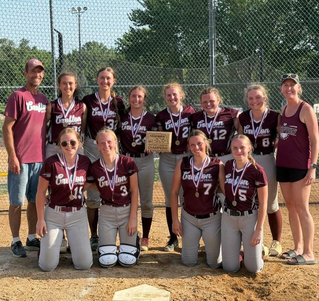 This year’s 18-and-Under girls’ softball team were League Champions after the dust settled at the tournament last week, top row (l to r): Tony Guenther, Emily Guenther, Caitlyn Guenther, Ellie Tramp, Kaylee Mauch, Annabelle Poppe, Rylie Arens, Chelsi Hames; and bottom row: Brynn Hansen, Addison Hames, Leila Barta, Alexa Suing.
