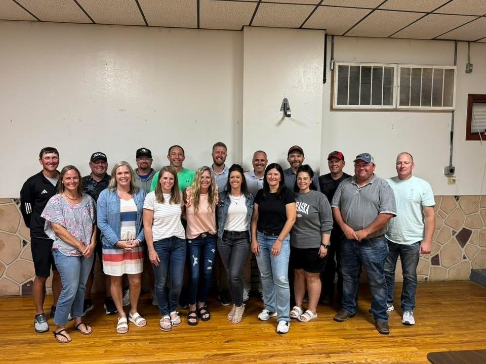 Those present included back row (l-r) Jason Johansen, Jason Halvorsen, Cory Wright, Kyle Lingenfelter, Marcus Powers, Brett Michael, Richard Naprstek, Tim Pudenz, Brian Hoffman. Front row (l-r) Heidi (Hitz) Kooiker, Michelle (Johnson) Herchenbach, Amanda (Poynter) Lingenfelter, Brandi Alexander, Stephanie (Mosel) Polt, Jamie (Jelinek) Weber, Courtney Retzlaff, Alan Foster.