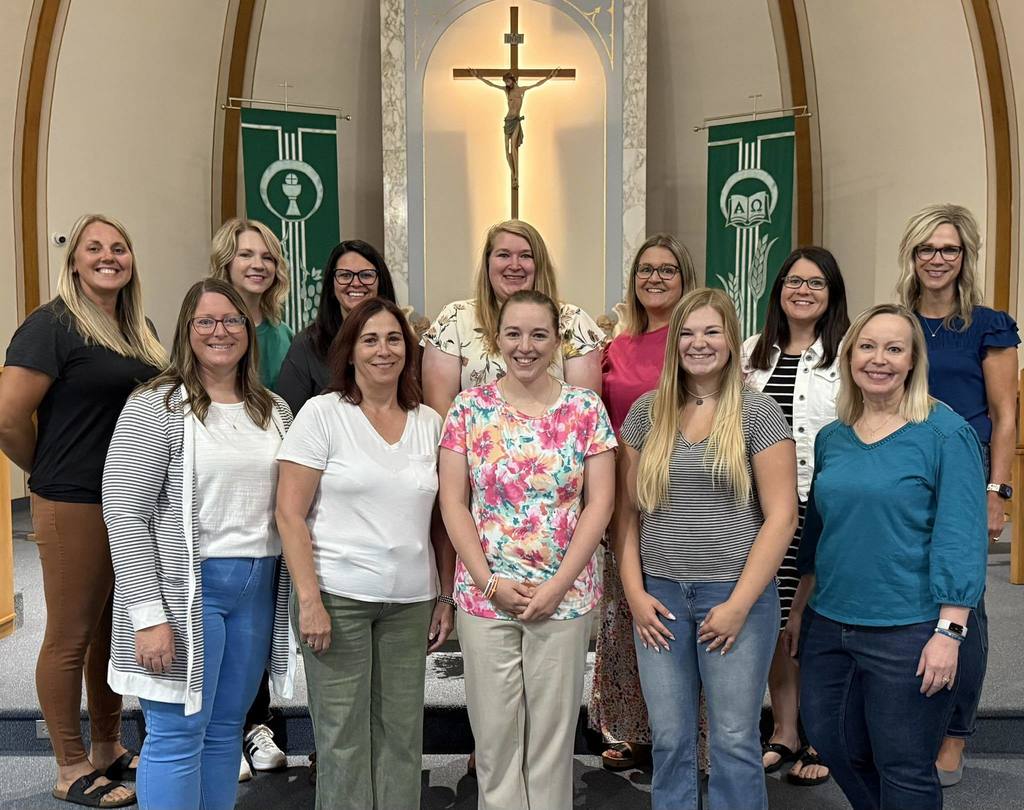 The 2025-26 St. Rose of Lima Catholic School staff includes, front row: Mrs. Erin Foxhoven (Administrative Assistant ), Mrs. Donna Arens (7/8 homeroom, 5-8 English/Reading), Mrs. Krista Heithold (4th grade), Ms. Cheyenne Anderson (preschool para), Mrs. Ginger Schieffer (6th homeroom, 5-8 Religion/History). Back row: Mrs. Laura Morrison (Preschool and 1-6 PE), Mrs. Kristi Steffen (2nd grade), Mrs. Cindy Petersen (3rd grade), Ms. Shannon McDonald (5th homeroom, 5-8 Math/Science), Mrs. Jennifer Fiscus (Principal and 1st grade), Mrs. Linda Jackson (Nurse), Mrs. Tanya Hacecky (5-8 paraprofessional). Photo from St. Rose social media