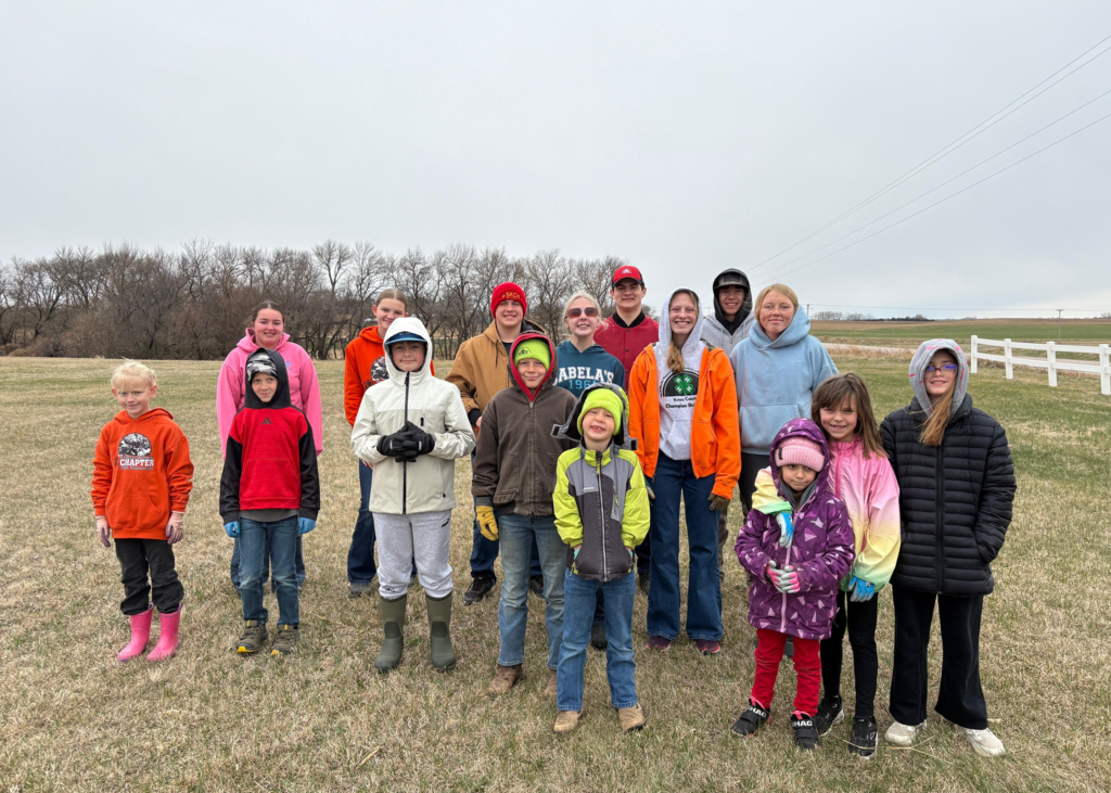 4-H club members participating in the annual roadside clean up: back row (l to r): Layla Foxhoven, Kaydence Jansen, Jake Jackson, Maci Kolterman, Tyson Jackson, Meredith Wortmann, Carter Steffen, Makenah Steffen. Front row (l to r): Kennadi Jansen, Caleb Guenther, Levi Kolterman, Keaton Steffen, Callen Steffen, Jacyn Mueller, Austyn Mueller, and Logyn Mueller