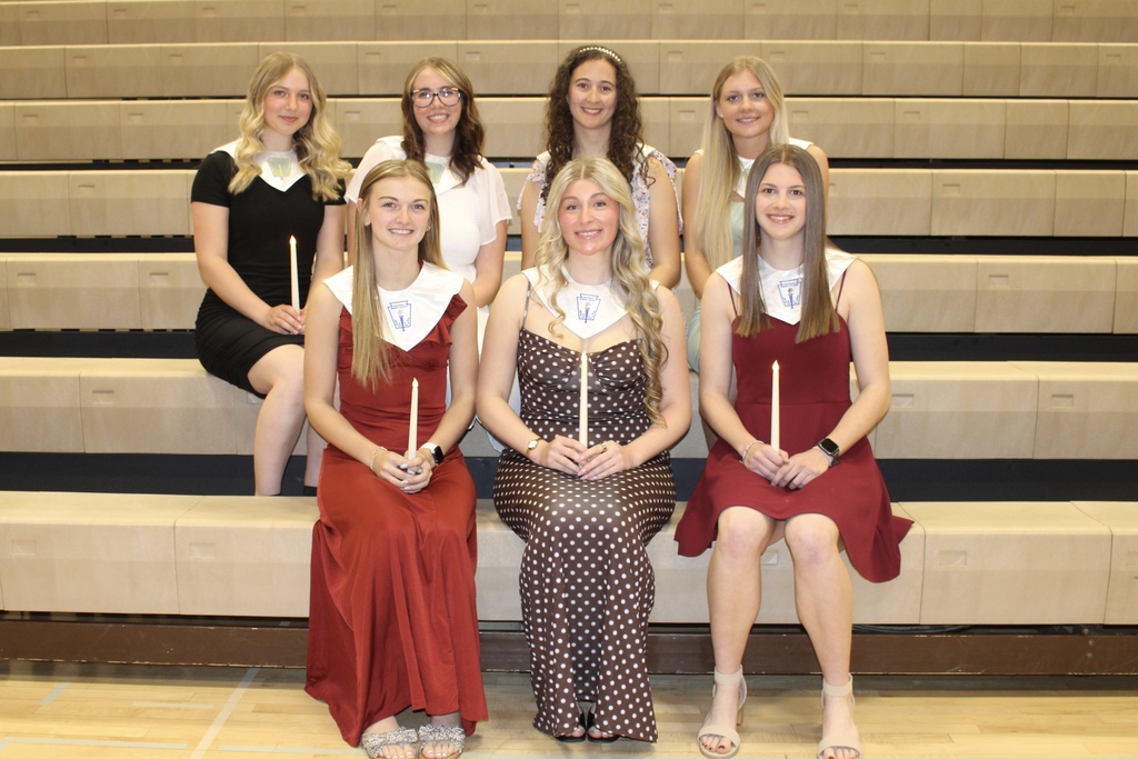 National Honor Society Officers and their positions with the previous officers in the back row (l to r): Callie Olson (Treasurer), Katherine Neuharth (Secretary), Emily Guenther (President), Jacee Anthony (Vice President). In the front row are the new officers (l to r): Jazzmyn Wieseler (Secretary/ Treasurer), Macy Baker (President), Brooklyn Guenther (Vice President)
