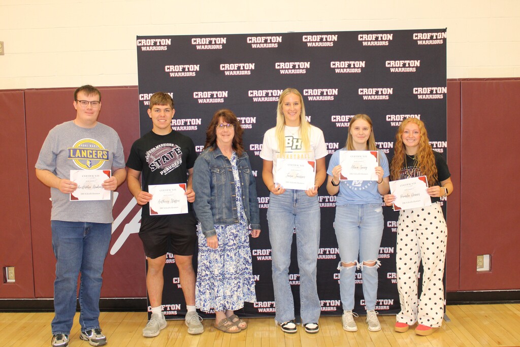 Roth Homes Scholarships were awarded to the following Crofton students (l to r): Christopher Neuharth, Anthony Steffen, Charlene Roth of the class of 1981 who presented the scholarships, Jaisie Janssen, Alexa Suing, and Pamela Dennis.