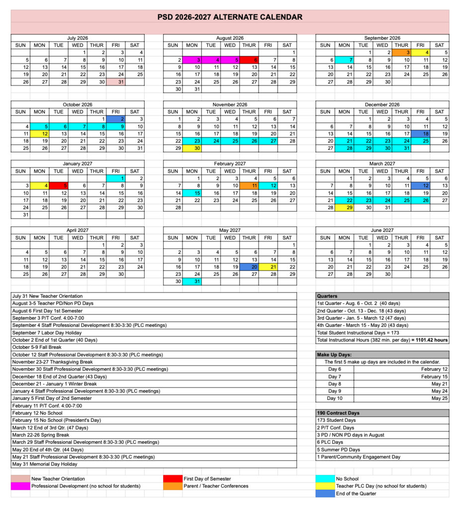 PSD Calendar 2026-27