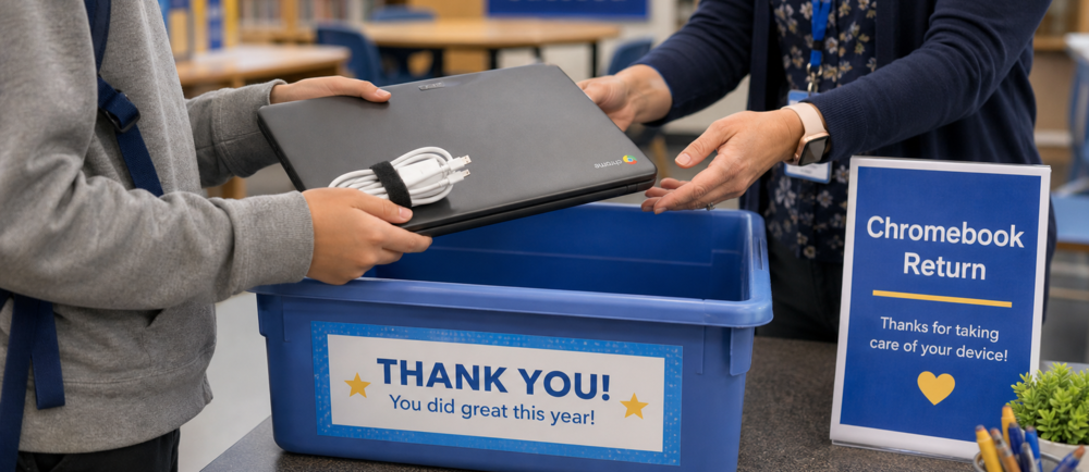 student returning chromebook to teacher