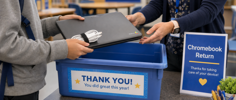 student returning a Chromebook