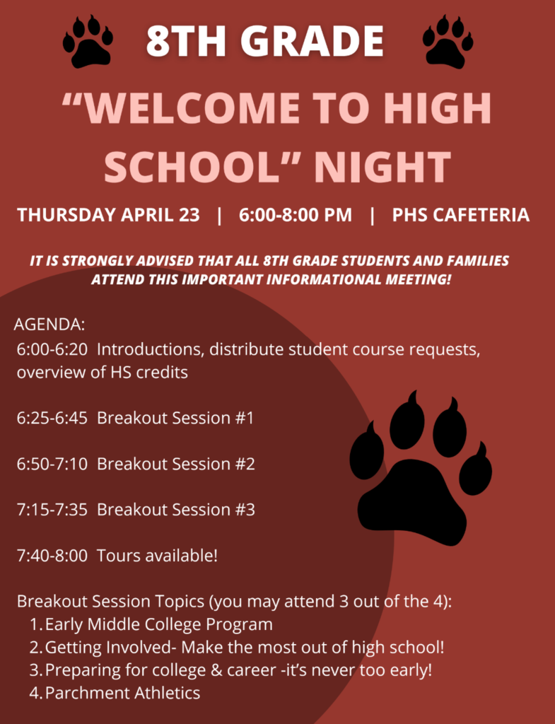 Welcome to HS night: Thurs April 23rd, 6-8pm