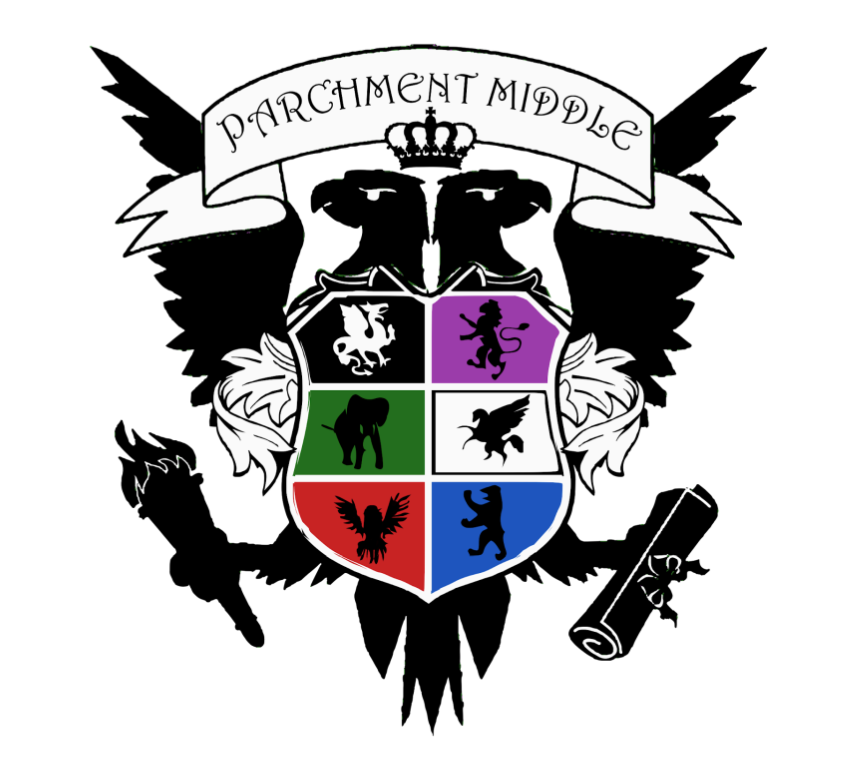 Black-and-white crest logo for Parchment Middle School. At the top is a banner reading “Parchment Middle” with a small crown beneath it. Behind the crest are large spread wings and two black raven-like birds facing outward. In the center is a shield divided into six colored sections: black with a white dragon, purple with a lion, green with an elephant, white with a winged creature, red with a bird, and blue with a bear-like figure. Decorative feathers surround the shield. At the bottom, one bird holds a feather or quill and the other holds a rolled diploma scroll.