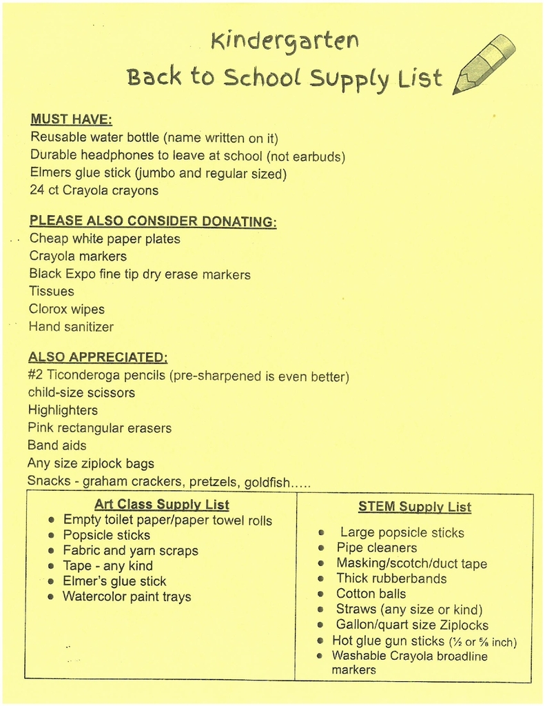 2026-2027 Kindergarten Supply List