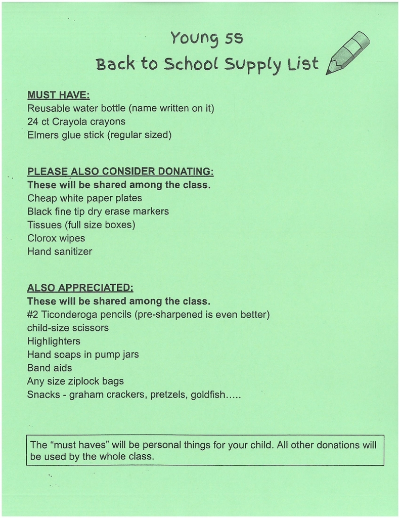 2026-2027 Young 5s Supply List