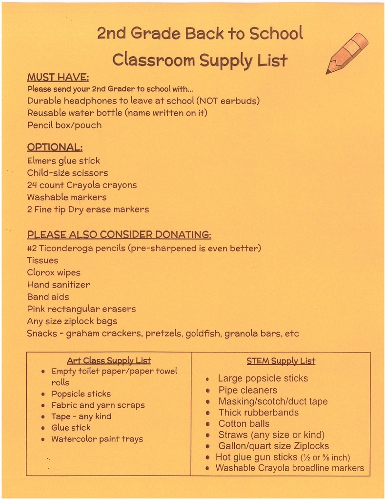 2026-2027 2nd Grade Supply List
