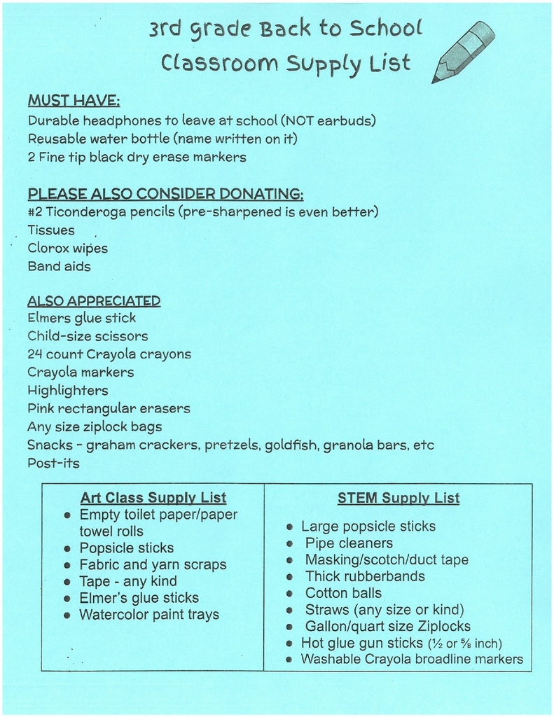 2026-2027 3rd Grade Supply List