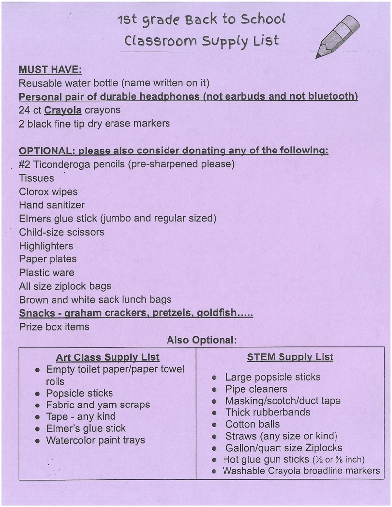 2026-2027 1st Grade Supply List
