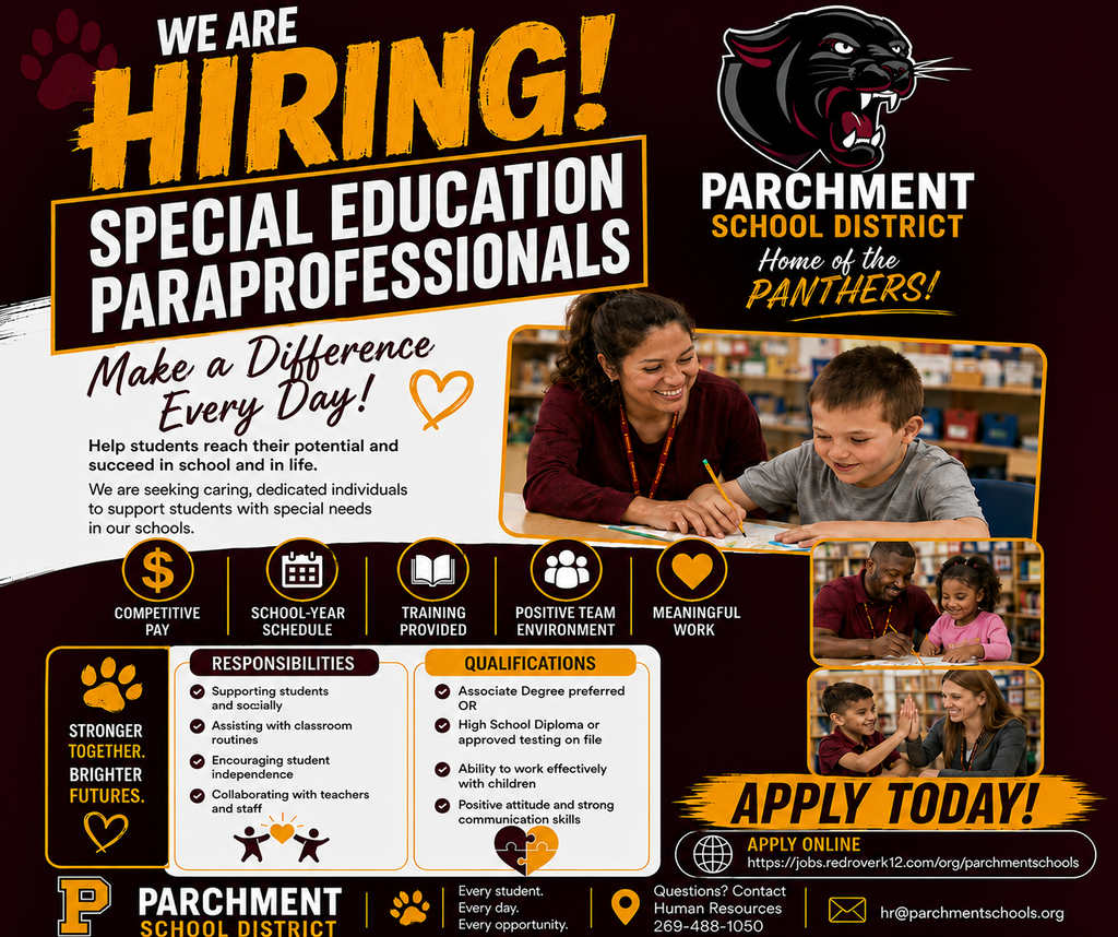 We are hiring. https://jobs.redroverk12.com/org/parchmentschools