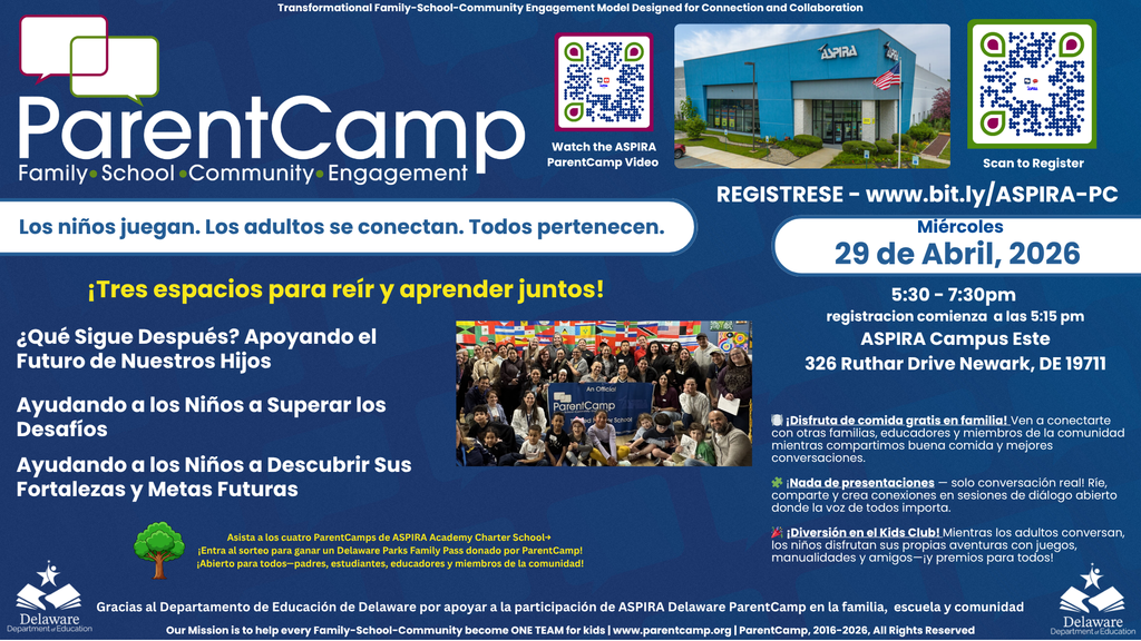 A poster for ParentCamp with blue background. It includes text in English and Spanish and images of a building and group of people.