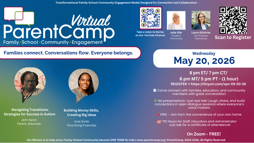 A promotional poster for a virtual ParentCamp event. It includes two women, a QR code, and registration details.
