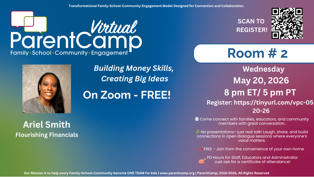 A digital flyer for Virtual ParentCamp with a woman's photo, titled "Building Money Skills, Creating Big Ideas".