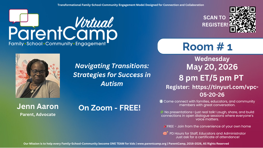An event flyer with a blue and green background shows a woman's picture, title, and details for a session on "Navigating Transitions: Strategies for Success in Autism."