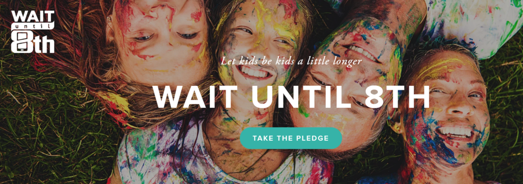 Four smiling children with colorful paint on their faces, lying on grass, with text "Wait Until 8th" and a green button.